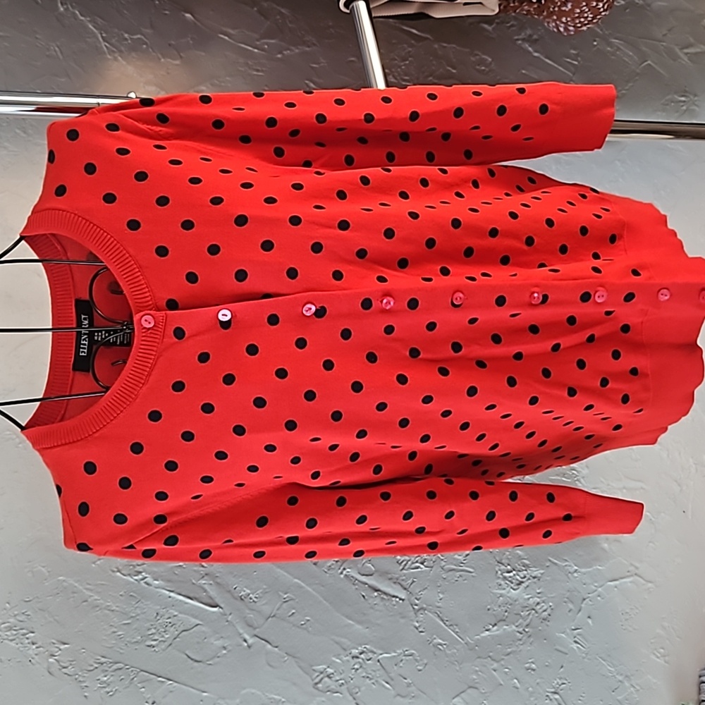 Ellen Tracy red and blue polkadot cardigan. Size M.